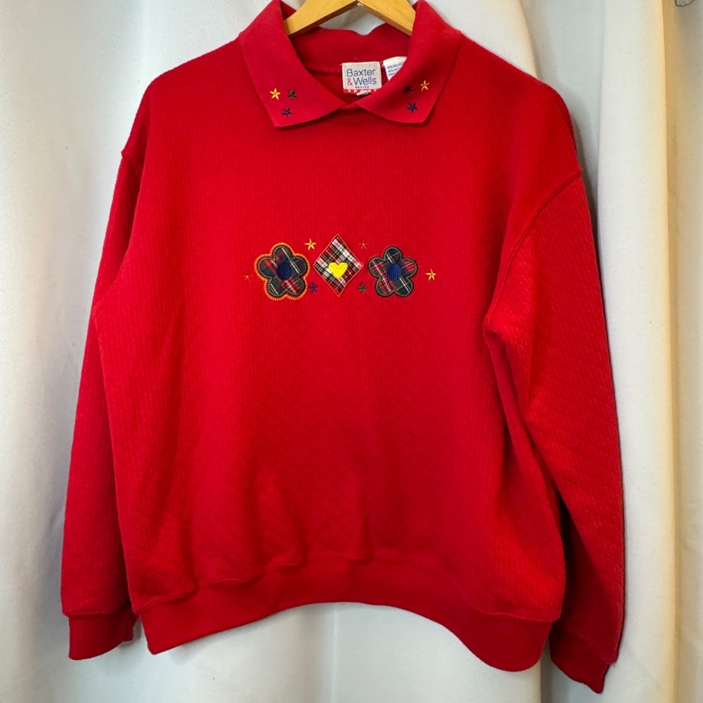 VTG‎ Baxter & Wells Embroidered Sweatshirt Quilted Collar Petite Sportswear P/L